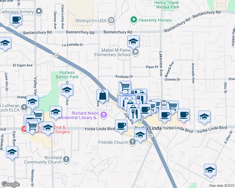 map of restaurants, bars, coffee shops, grocery stores, and more near 18152 Mandarin Lane in Yorba Linda
