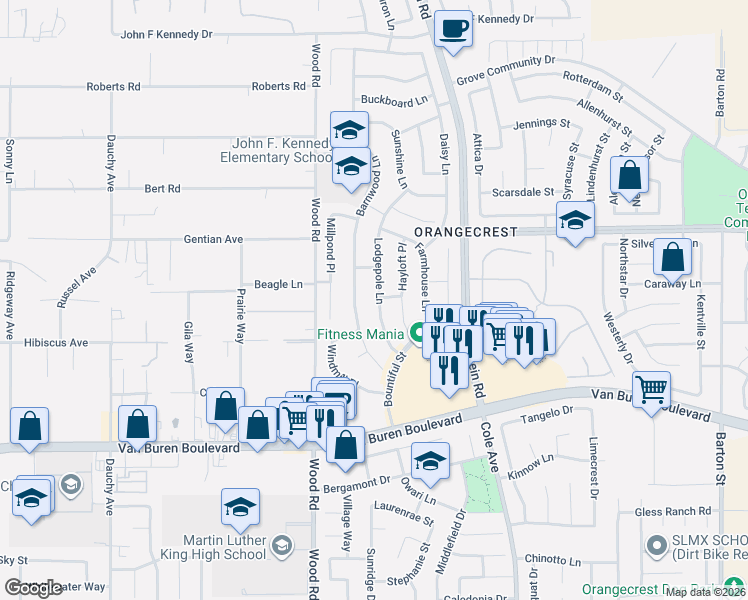 map of restaurants, bars, coffee shops, grocery stores, and more near 8592 Lodgepole Lane in Riverside