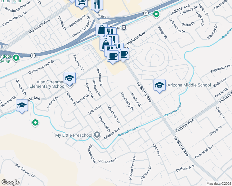 map of restaurants, bars, coffee shops, grocery stores, and more near 11231 Heathrow Drive in Riverside