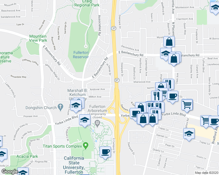 map of restaurants, bars, coffee shops, grocery stores, and more near 2673 Andover Avenue in Fullerton