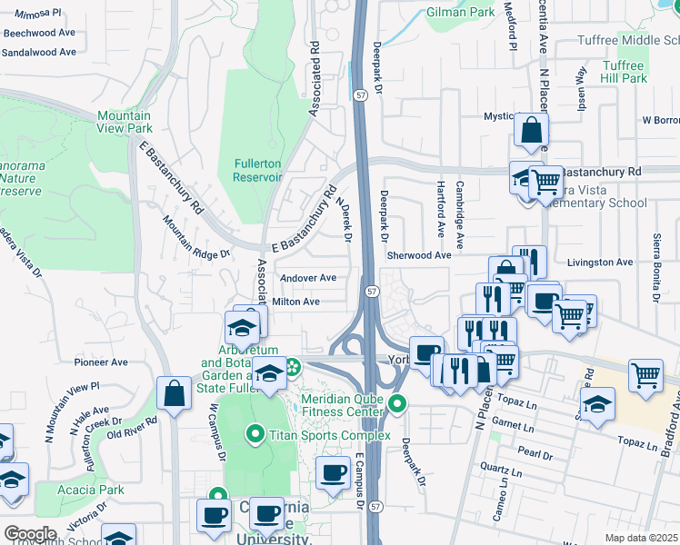 map of restaurants, bars, coffee shops, grocery stores, and more near 2673 Andover Avenue in Fullerton