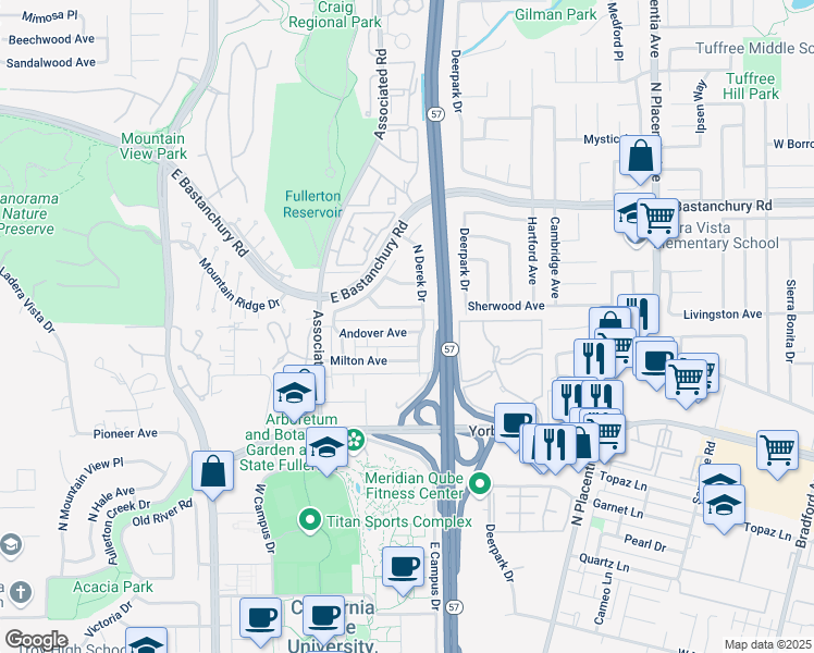 map of restaurants, bars, coffee shops, grocery stores, and more near 2673 Andover Avenue in Fullerton