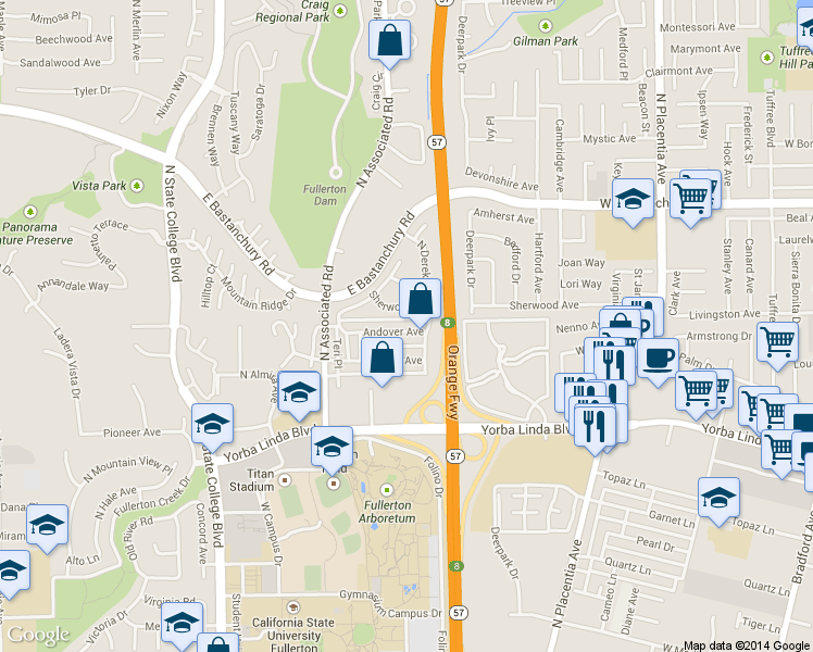 map of restaurants, bars, coffee shops, grocery stores, and more near 2673 Andover Avenue in Fullerton