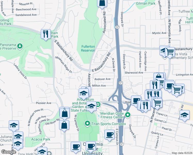map of restaurants, bars, coffee shops, grocery stores, and more near 2601 Andover Avenue in Fullerton