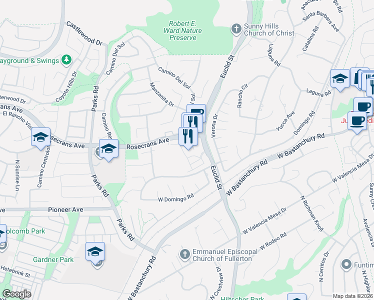 map of restaurants, bars, coffee shops, grocery stores, and more near 1881 North Euclid Street in Fullerton