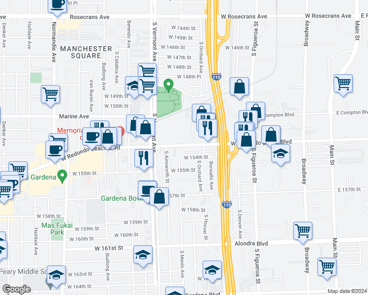 map of restaurants, bars, coffee shops, grocery stores, and more near 726 West Redondo Beach Boulevard in Gardena