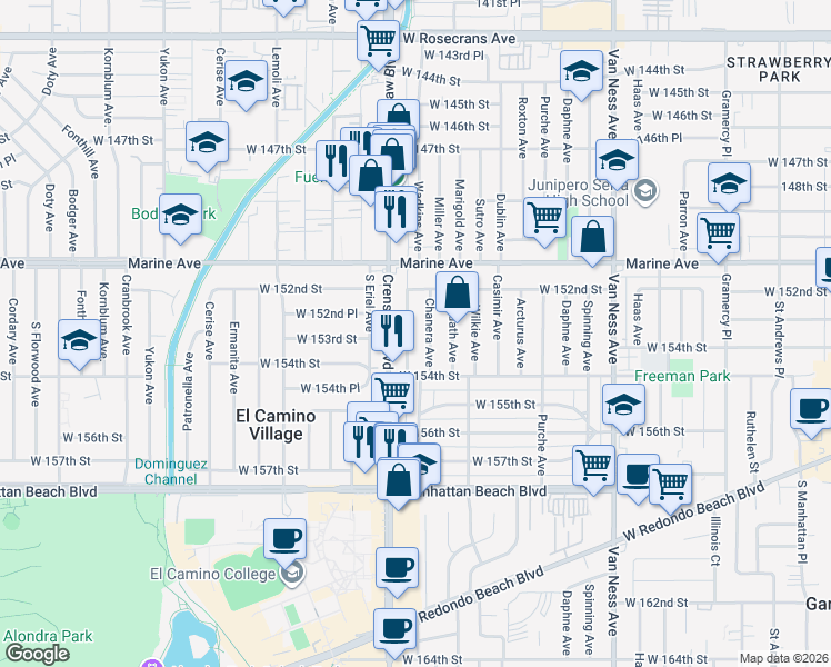 map of restaurants, bars, coffee shops, grocery stores, and more near 15243 Crenshaw Boulevard in Gardena