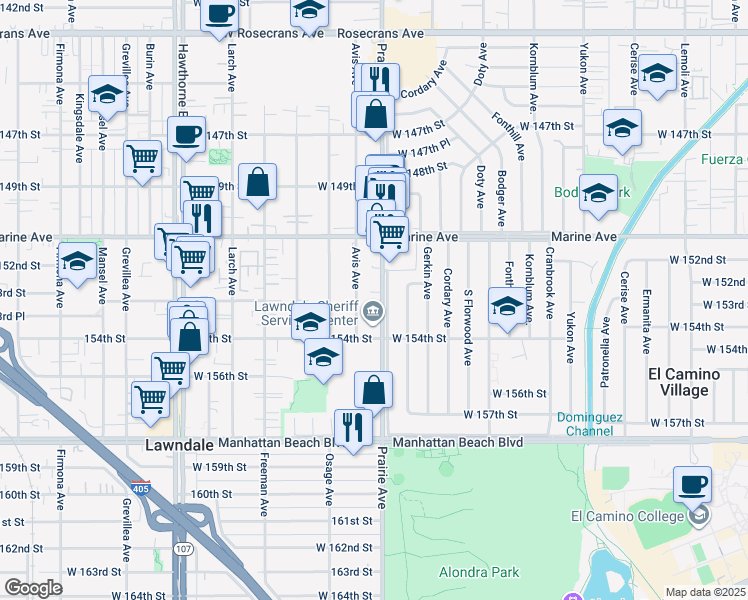 map of restaurants, bars, coffee shops, grocery stores, and more near 15235 Prairie Avenue in Lawndale