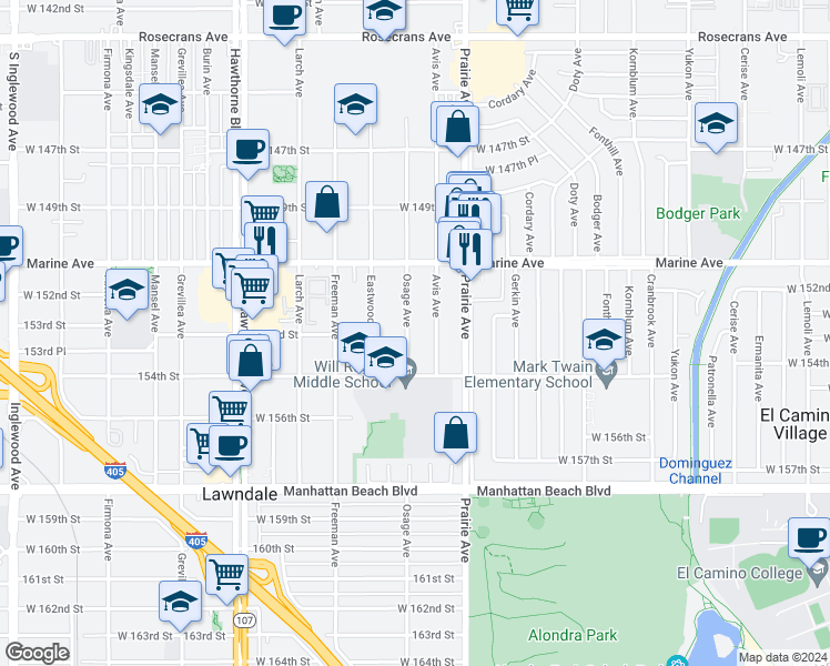 map of restaurants, bars, coffee shops, grocery stores, and more near 15236 Osage Avenue in Lawndale