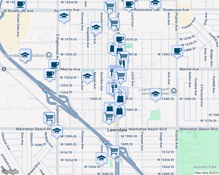 map of restaurants, bars, coffee shops, grocery stores, and more near 15223 Hawthorne Boulevard in Lawndale