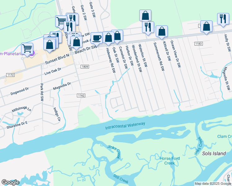 map of restaurants, bars, coffee shops, grocery stores, and more near 7228 Nursery Road Southwest in Ocean Isle Beach
