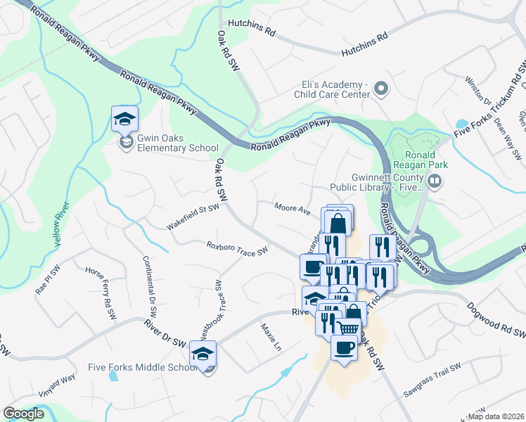map of restaurants, bars, coffee shops, grocery stores, and more near 678 Ford Avenue Southwest in Lawrenceville