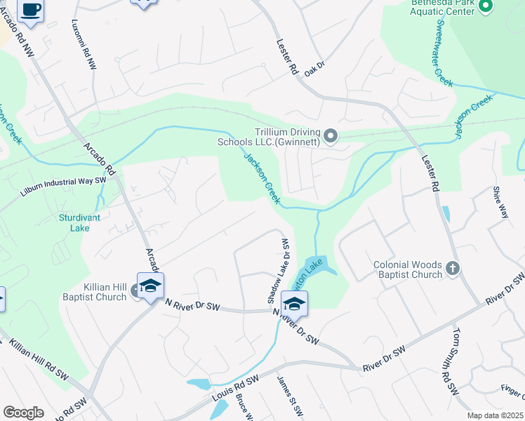 map of restaurants, bars, coffee shops, grocery stores, and more near 3964 Rivermeade Drive Southwest in Lilburn