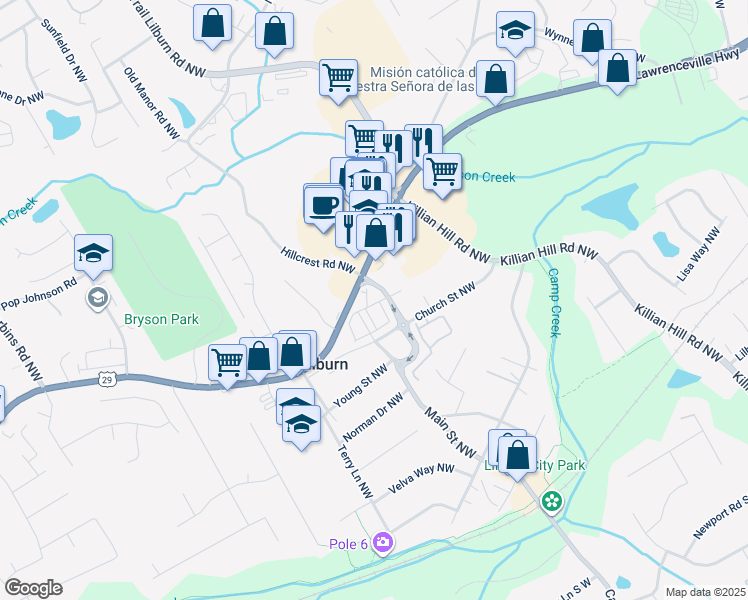 map of restaurants, bars, coffee shops, grocery stores, and more near 346 Main Street Northwest in Lilburn