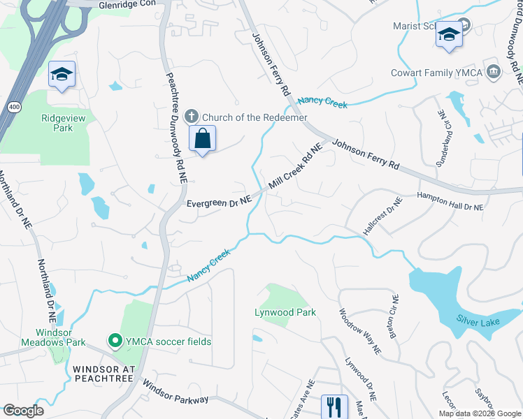 map of restaurants, bars, coffee shops, grocery stores, and more near 1022 Mill Overlook Northeast in Atlanta