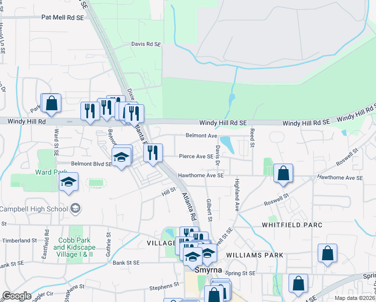 map of restaurants, bars, coffee shops, grocery stores, and more near 1277 Pierce Avenue Southeast in Smyrna