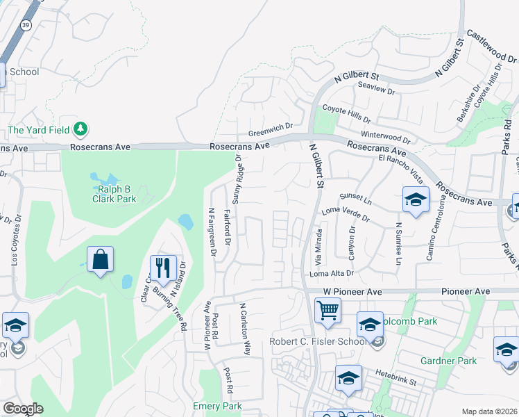 map of restaurants, bars, coffee shops, grocery stores, and more near 2516 Royale Place in Fullerton