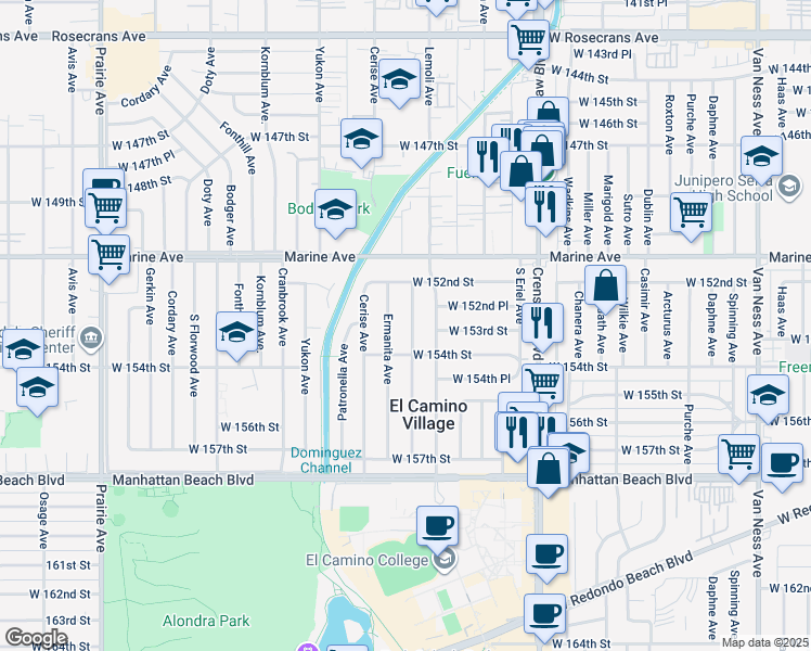 map of restaurants, bars, coffee shops, grocery stores, and more near 15309 Faysmith Avenue in Gardena