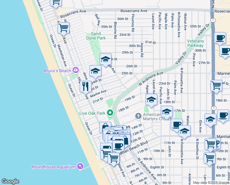 map of restaurants, bars, coffee shops, grocery stores, and more near 525 21st Street in Manhattan Beach