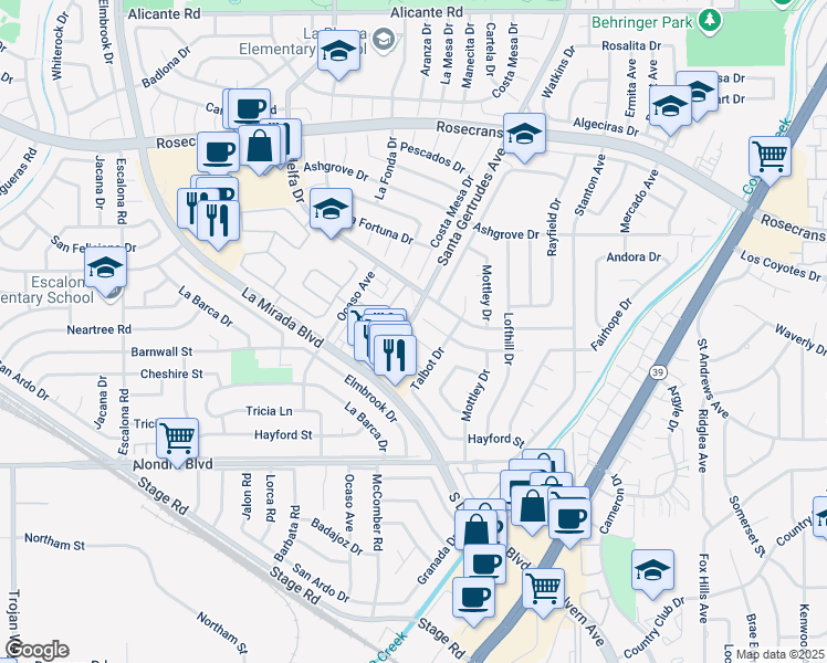 map of restaurants, bars, coffee shops, grocery stores, and more near 15607 Fada Drive in La Mirada