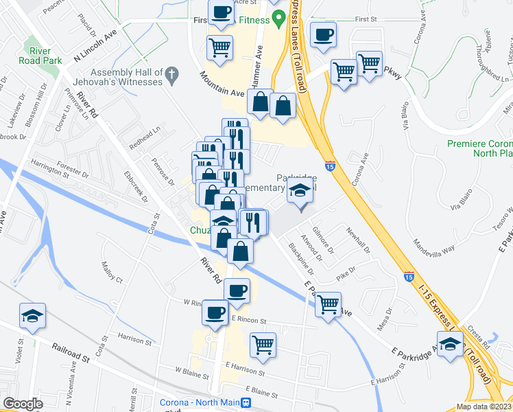 map of restaurants, bars, coffee shops, grocery stores, and more near 813 North Main Street in Corona
