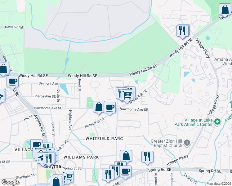 map of restaurants, bars, coffee shops, grocery stores, and more near 2723 Cottesford Drive Southeast in Smyrna