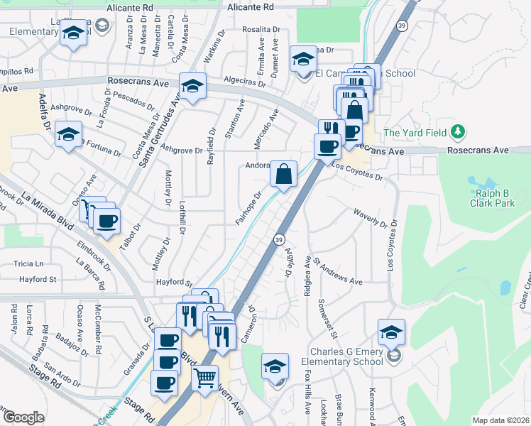 map of restaurants, bars, coffee shops, grocery stores, and more near 4637 Minorca Way in Buena Park