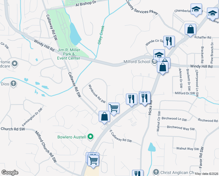 map of restaurants, bars, coffee shops, grocery stores, and more near 1160 Woodleigh Road Southwest in Marietta