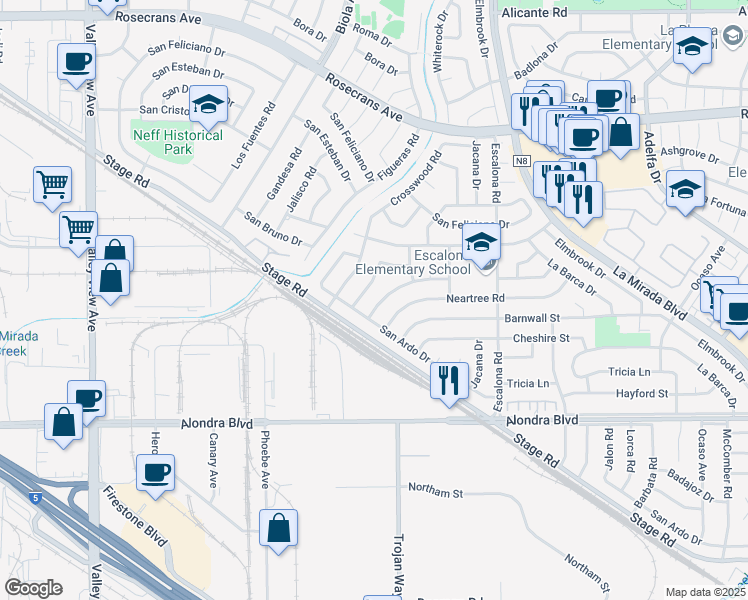 map of restaurants, bars, coffee shops, grocery stores, and more near 14743 La Capelle Road in La Mirada
