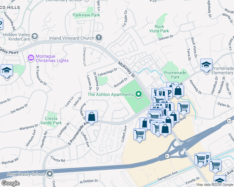map of restaurants, bars, coffee shops, grocery stores, and more near 685 Valleywood Street in Corona