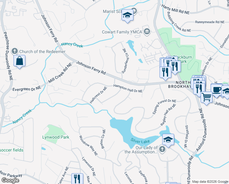map of restaurants, bars, coffee shops, grocery stores, and more near 3454 Wynnton Drive Northeast in Atlanta