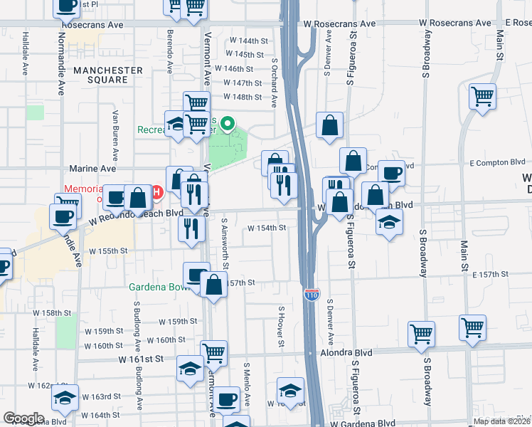 map of restaurants, bars, coffee shops, grocery stores, and more near 726 West Redondo Beach Boulevard in Gardena