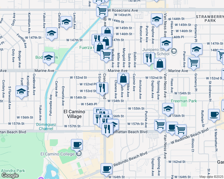 map of restaurants, bars, coffee shops, grocery stores, and more near 15243 Crenshaw Boulevard in Gardena