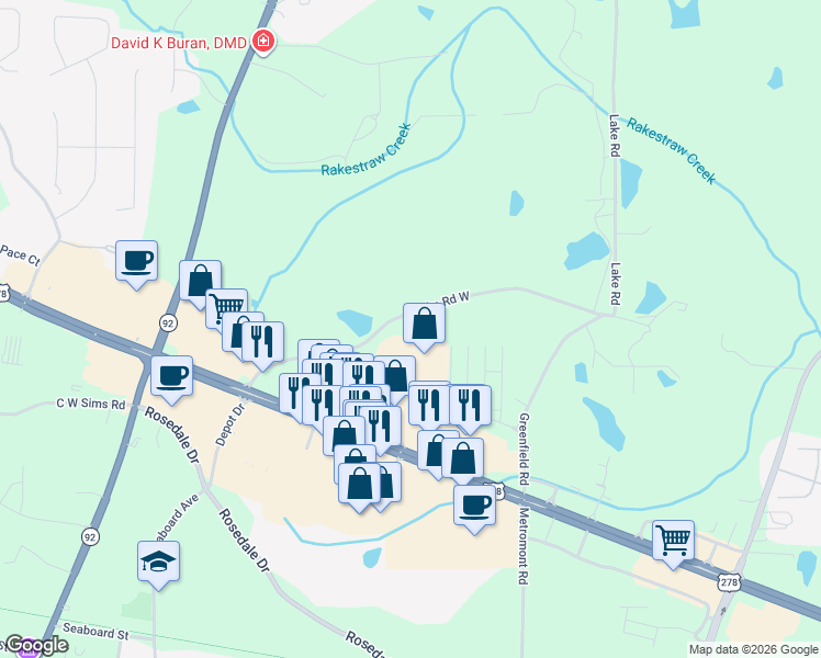 map of restaurants, bars, coffee shops, grocery stores, and more near 1671 Lake Road West in Hiram