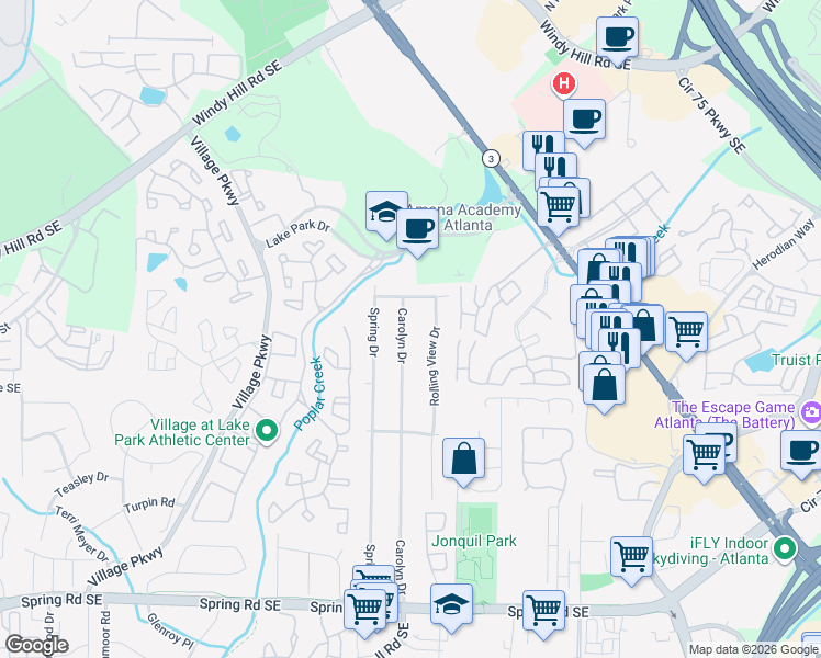 map of restaurants, bars, coffee shops, grocery stores, and more near 2459 Carolyn Drive in Smyrna