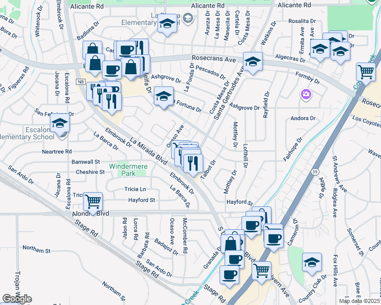 map of restaurants, bars, coffee shops, grocery stores, and more near 15237 Santa Gertrudes Avenue in La Mirada