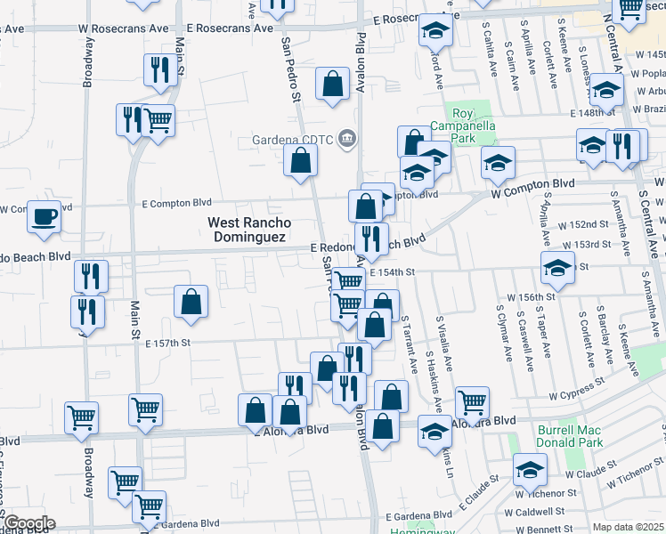 map of restaurants, bars, coffee shops, grocery stores, and more near 15328 San Pedro Street in Gardena