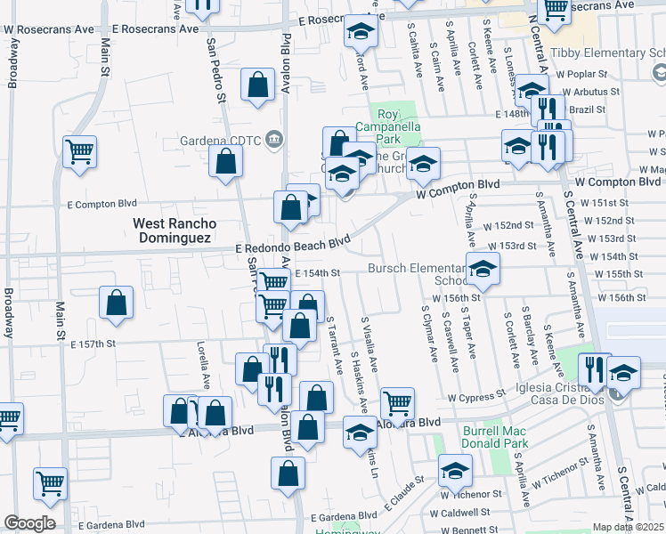 map of restaurants, bars, coffee shops, grocery stores, and more near 713 East 154th Street in Compton