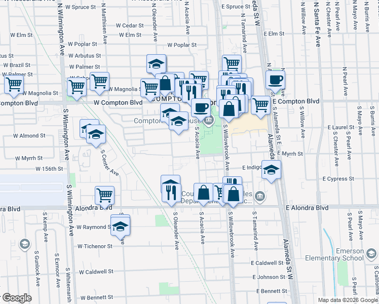 map of restaurants, bars, coffee shops, grocery stores, and more near 311 West Myrrh Street in Compton
