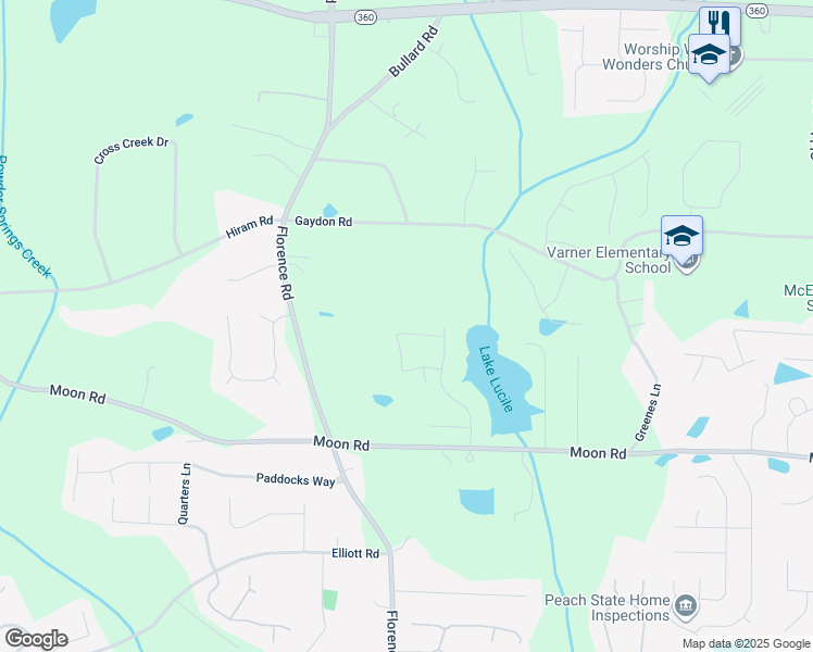 map of restaurants, bars, coffee shops, grocery stores, and more near 5186 Olive Branch Circle in Powder Springs