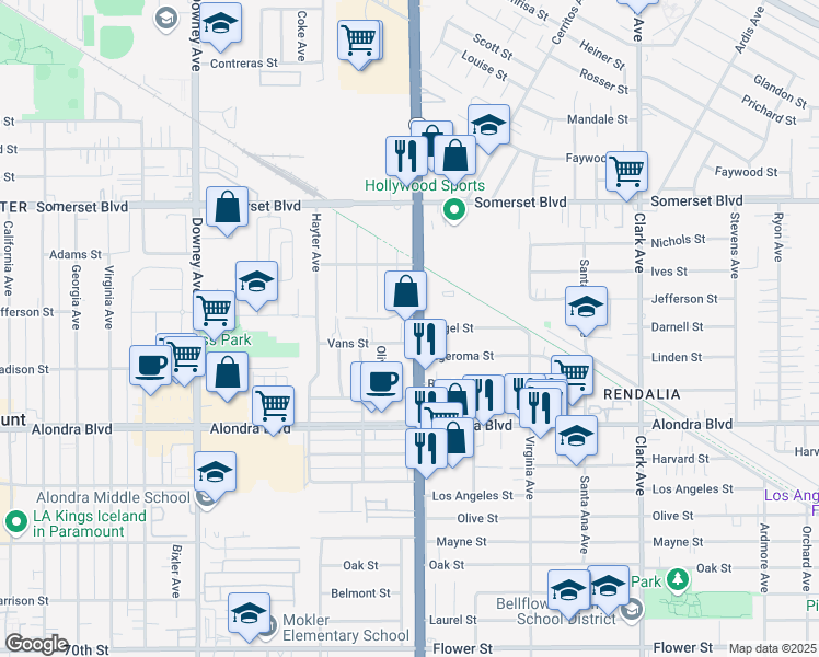 map of restaurants, bars, coffee shops, grocery stores, and more near 15535 Lakewood Boulevard in Paramount