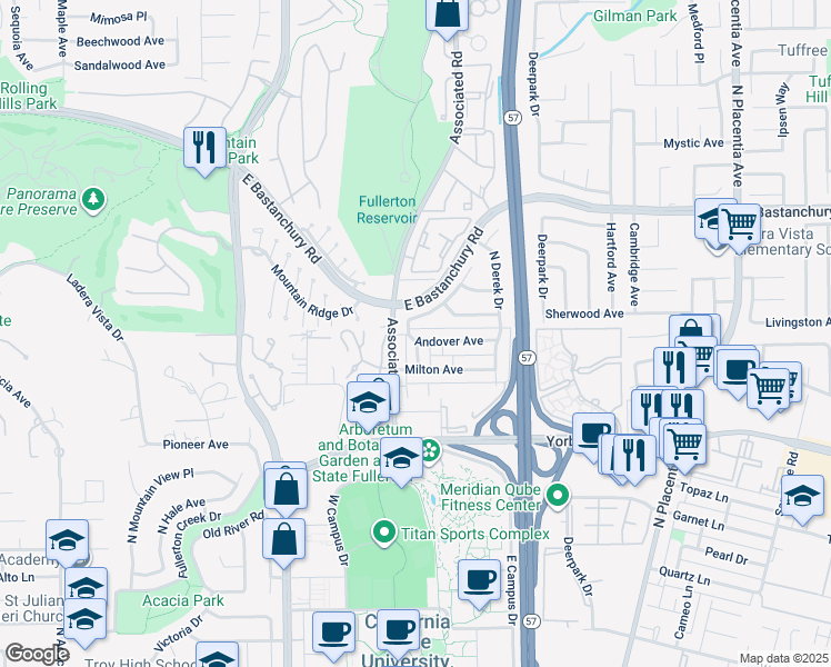 map of restaurants, bars, coffee shops, grocery stores, and more near 2601 Andover Avenue in Fullerton