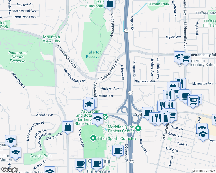 map of restaurants, bars, coffee shops, grocery stores, and more near 2625 Andover Avenue in Fullerton