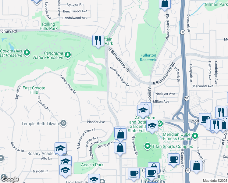 map of restaurants, bars, coffee shops, grocery stores, and more near 2035 Vista Del Rosa in Fullerton