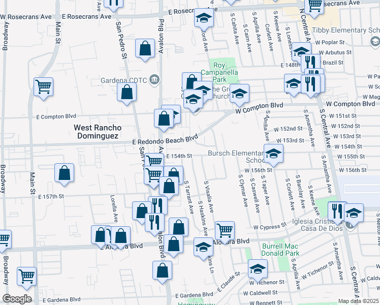 map of restaurants, bars, coffee shops, grocery stores, and more near 719 East 154th Street in Compton