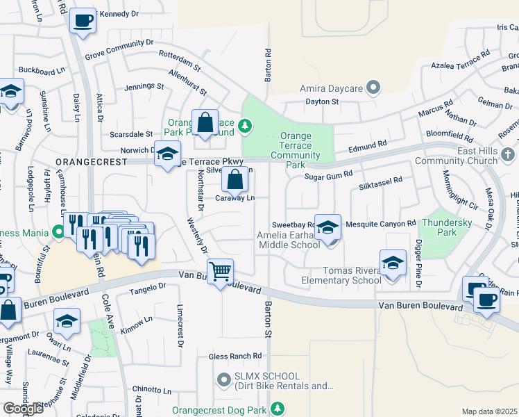 map of restaurants, bars, coffee shops, grocery stores, and more near 8752 Kentville Street in Riverside