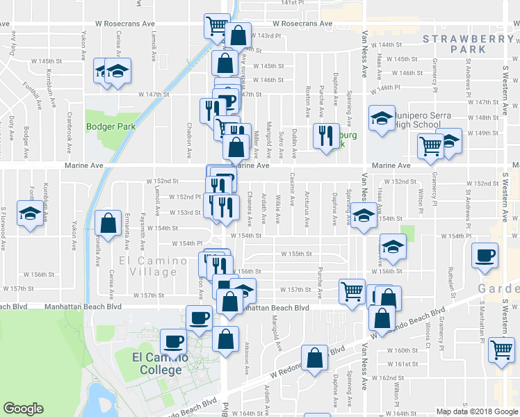 map of restaurants, bars, coffee shops, grocery stores, and more near 15247 Ardath Avenue in Gardena