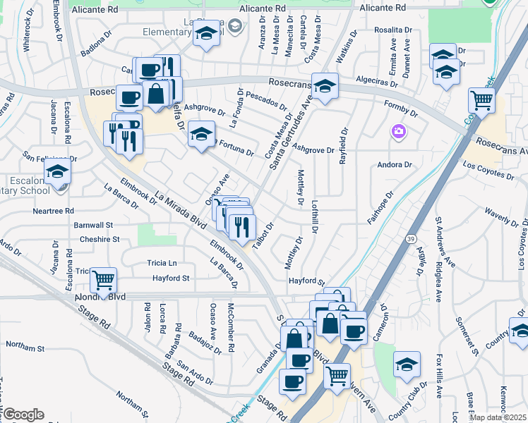 map of restaurants, bars, coffee shops, grocery stores, and more near 15620 Hesse Drive in La Mirada