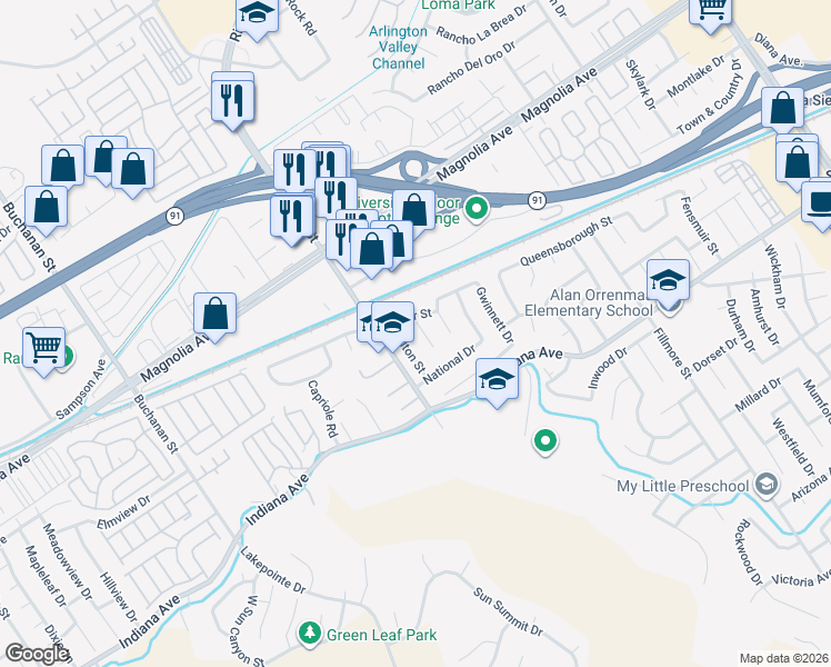 map of restaurants, bars, coffee shops, grocery stores, and more near 3582 Hancock Dr in Riverside