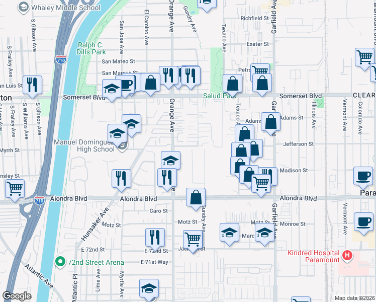 map of restaurants, bars, coffee shops, grocery stores, and more near 15509 Brayton Street in Paramount